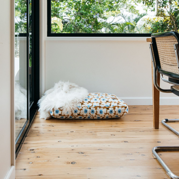 Marimekko Pet Cushion - Blue with beige background